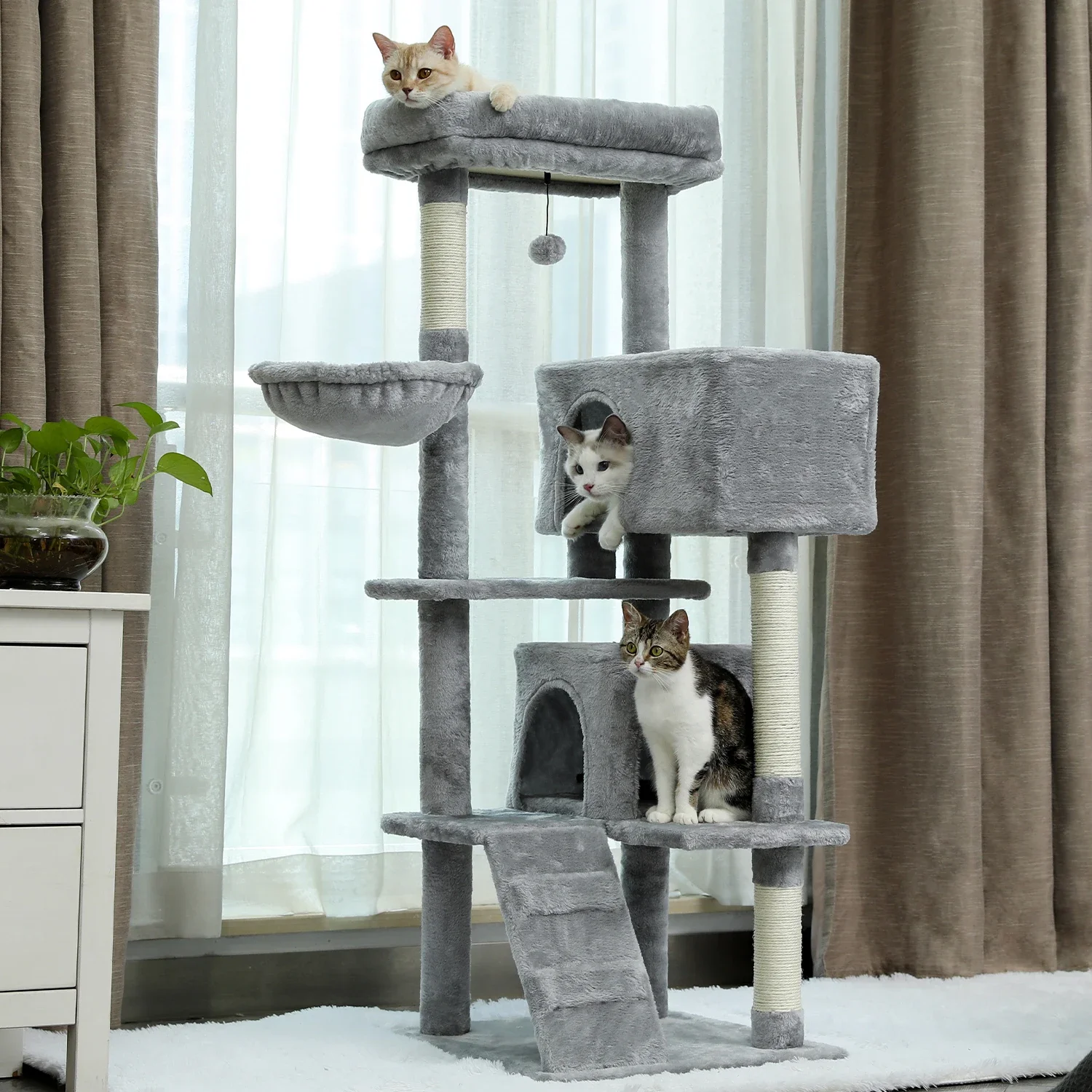 

Cat Tree Tower with Sisal Scratching Post, 2 Cozy Condos, Top Perch, Hammock, Climbing ladder and Dangling Ball Grey