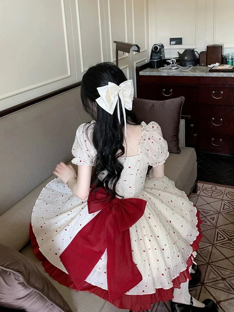 

Summer Sweet Mini Dresse French Square Collar Princess Bow Short Sleeve Dress Women Elegant Party Vintage Dresses Vestidos 2025
