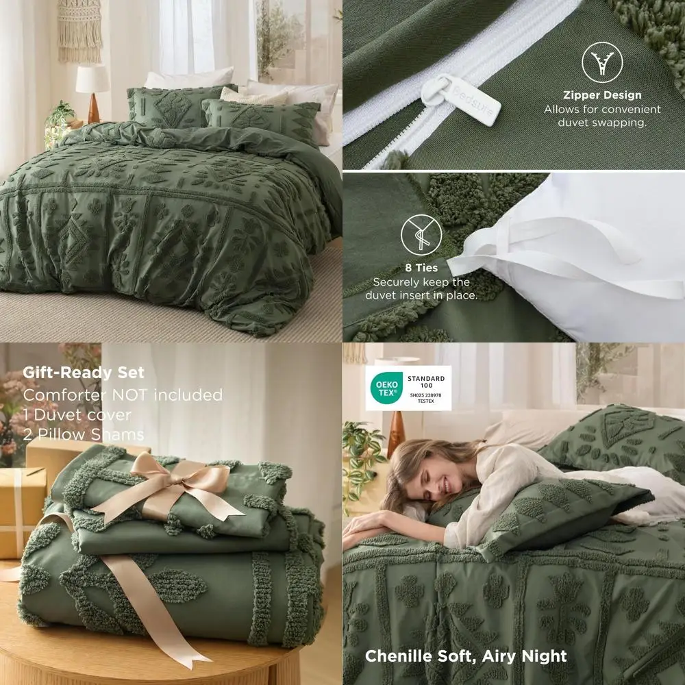 

Элегантный комплект постельного белья в стиле бохо, оливково-зеленый, удобный, моющийся, с 1 пододеяльником и 2 наволочками.