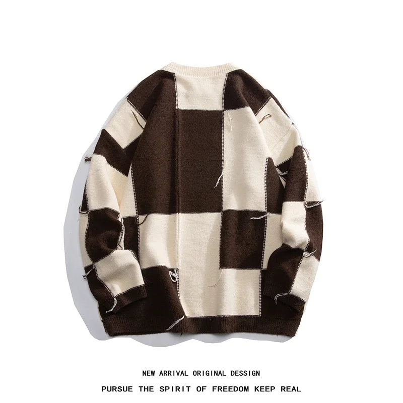 Korean Couple Checkerboard Jumper Loose Round Neck Pullover Knitted Sweater Tassel Design Street Knitwear Casual Clothing