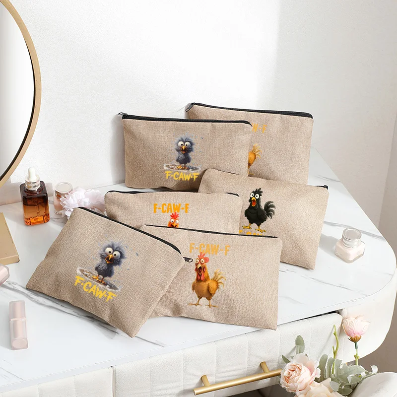

2025 New F-Caw-F Funny Chicken F Caw F Rooster Meme Women Linen Makeup Bag Linen Cosmetics Bag Party Gift Mother Girlfriend