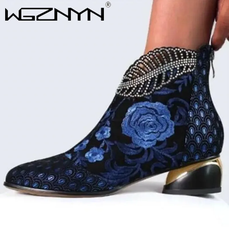 2024 kobiety botki Vintage, w kwiaty haft damskie buty skórzane buty Bohemia zamek wiosenna jesień damski Botas De Mujer