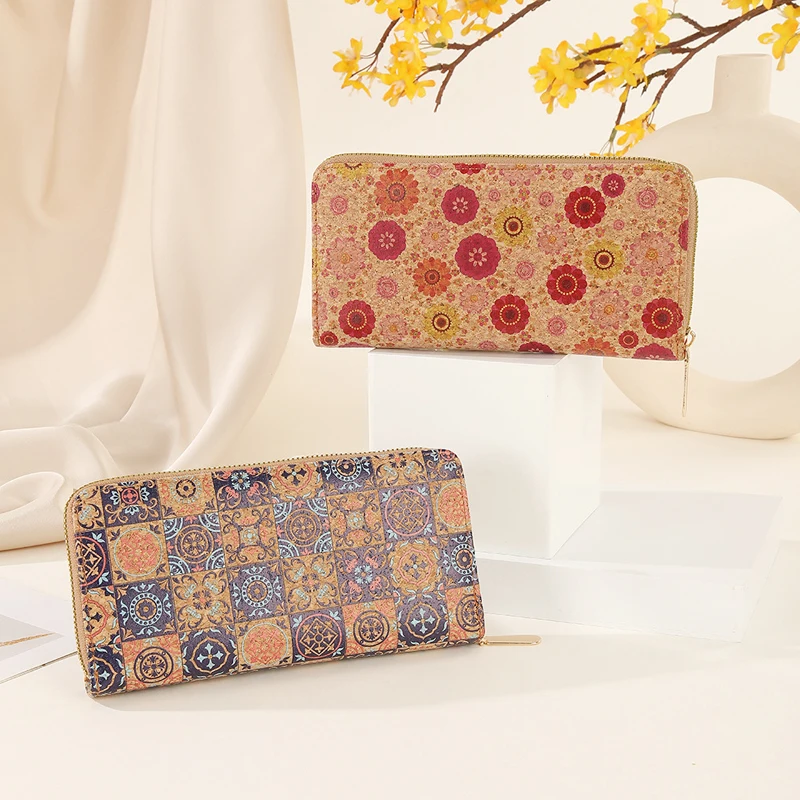 5pcs Wallets Women Cork Leather Blue Grid Printing Multifunctional Long Credit Card Holder