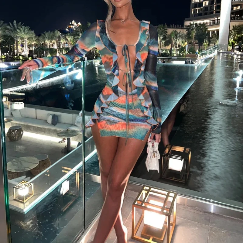 Tie Dye Print Ruffles Bodycon Mini Dress Women Sexy Deep V Neck Lace Up Long Sleeve Split Club Party Dresses Summer Beach Robe