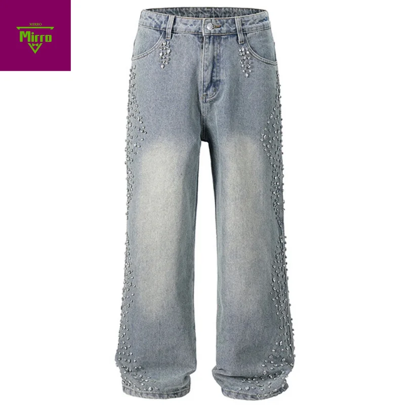 

【Mirrordust】Diamond Jeans Side Rhinestone Wide Leg Baggy Jeans Men Streetwear Fashion Denim Pants Black Blue Hipster Jeans