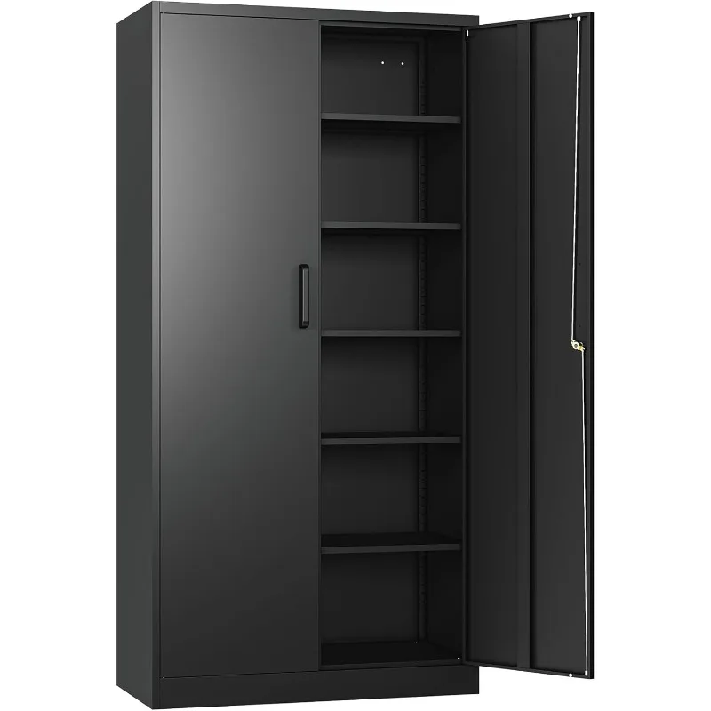 Metal Storage Cabinet with 2 Doors and 6 Shelves,Black Metal Cabinet with Lock,71