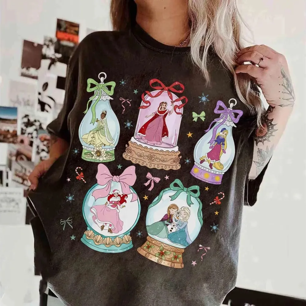 

Disney Princess Globe Christmas Shirt Disney Belle Ariel Tianna Elsa Rapunzel Christmas Light T-shirt Girl Travel Gift Shirt