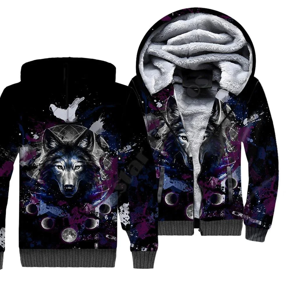 Sudaderas con capucha con cremallera de forro polar con estampado 3D de animales de lobo para hombres y mujeres, chaqueta de terciopelo doble más cálida de invierno, disfraces de Cosplay JR09