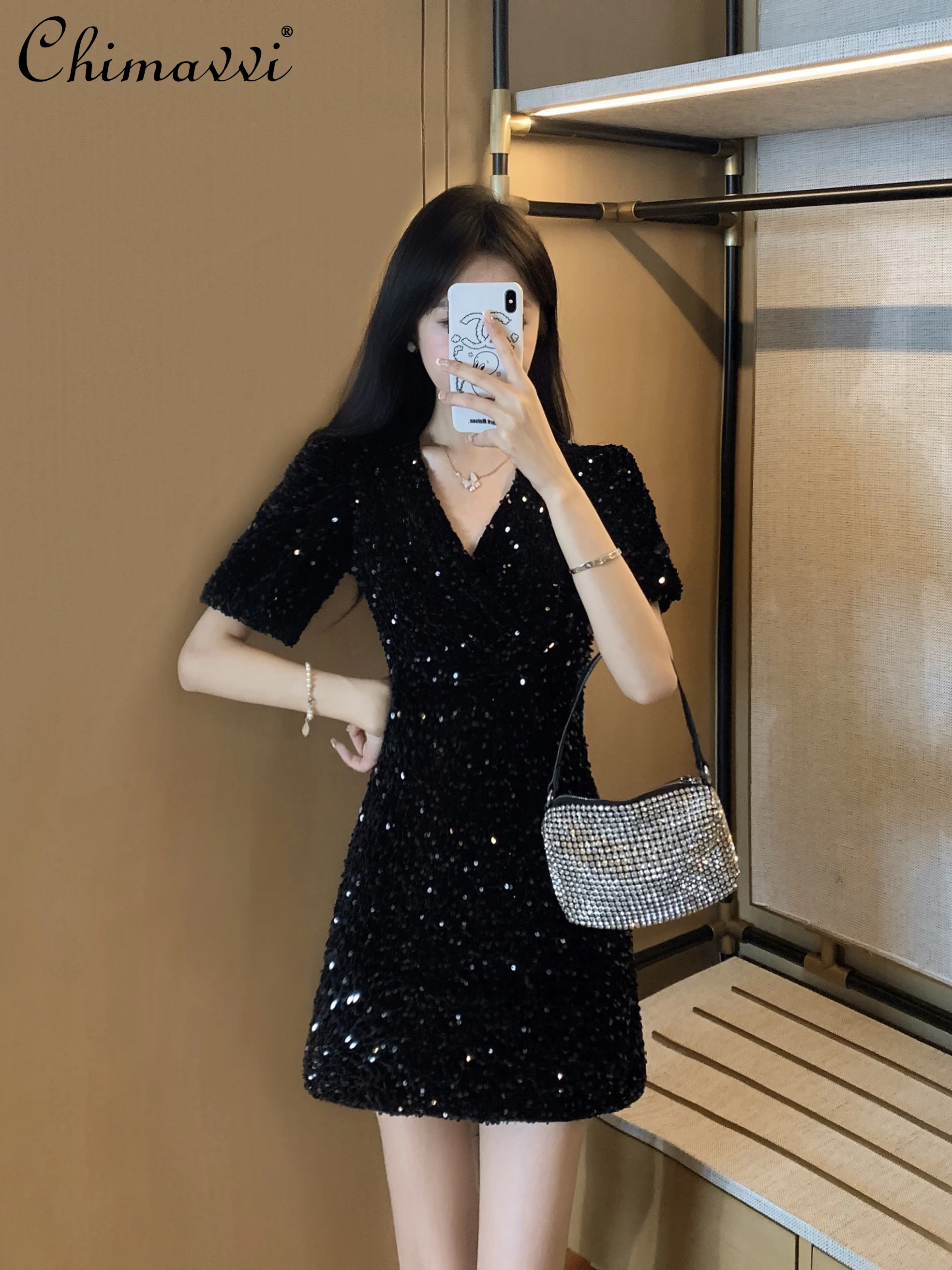 

French Style Black Evening Dress Women Summer 2024 Elegant Socialite Sequin V-neck Short Sleeve High Waist Slim Fit A-Line Dress