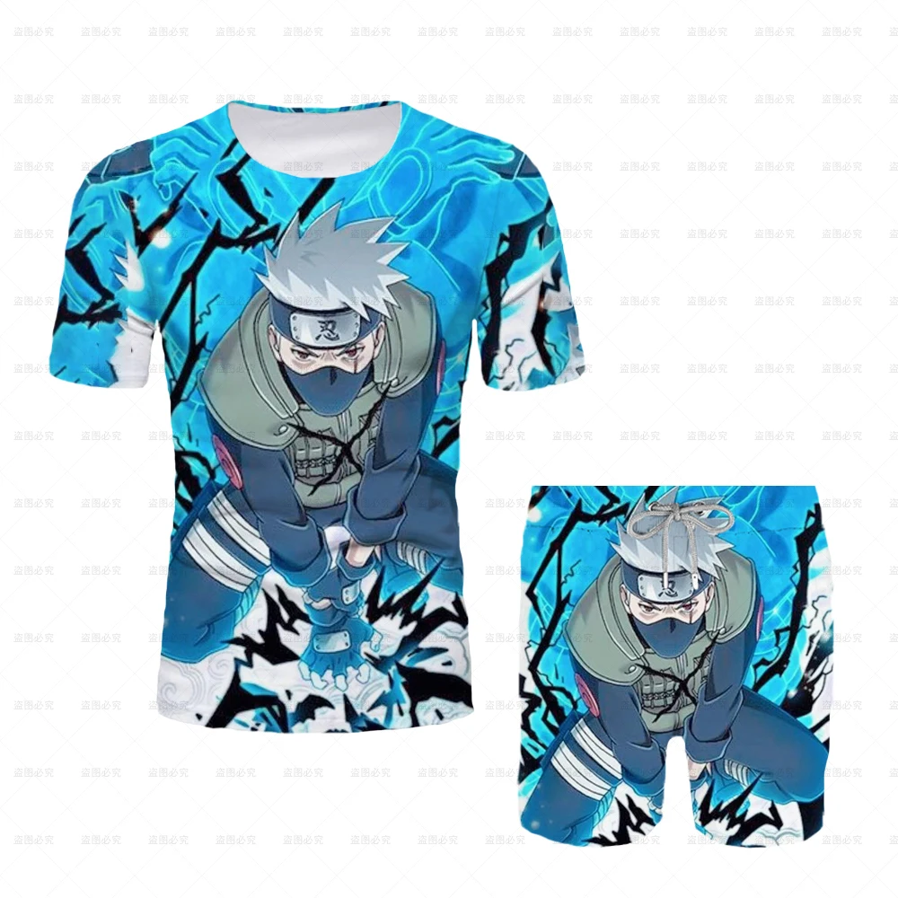 

2025 New Anime Adult T-shirt Naruto Fashion Casual 3D Top Short Sleeve Shorts Two-piece Set Boys Cosplay Costume Blue Suit