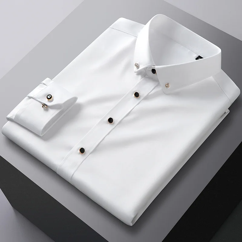 

2024 New Men's Diamond Button Long sleeved Shirt Elastic, Comfortable, Non ironing Business Casual Shirt Korean Fit Men's Wear