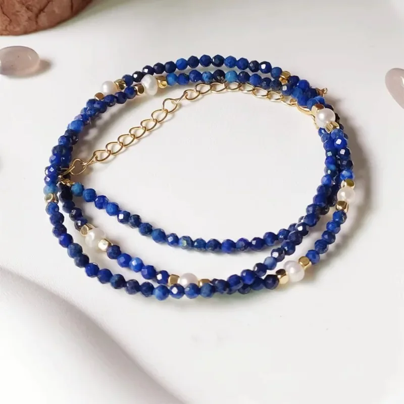 Minar Dainty Navy Blue Lapis Lazuli Natural Stone Freshwater Pearl Beaded Necklace Women\'s 14K Gold Plated Copper Strand Choker