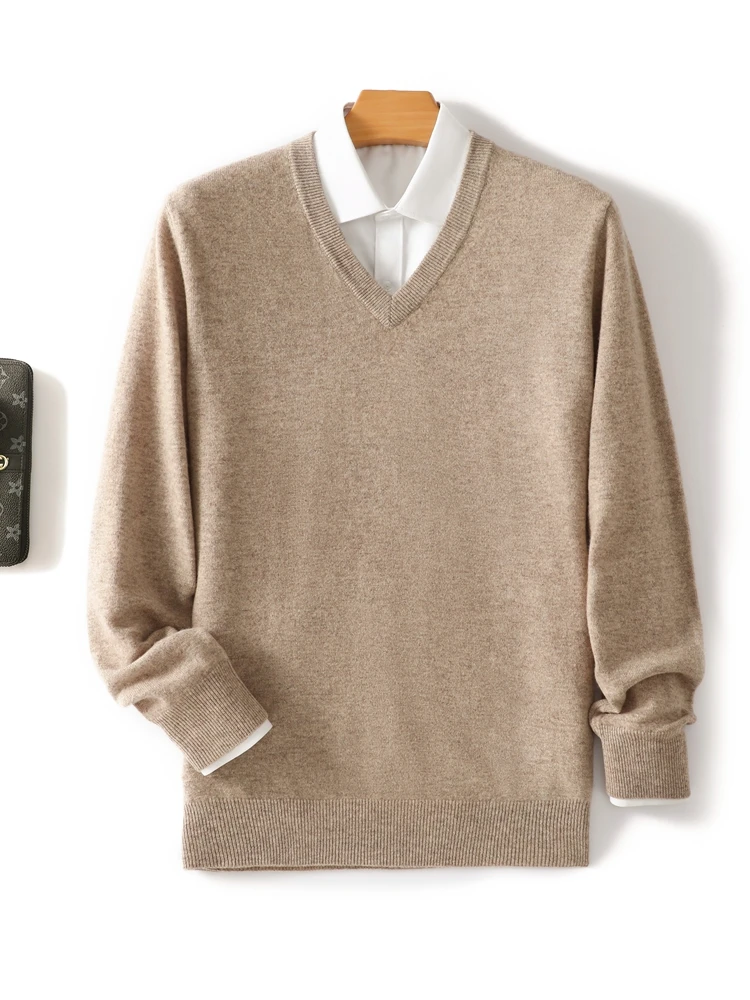 

New 100% Merino Wool For Men Warm Thick V-neck Pullover Soft Knitted Smart Casual Long Sleeves Solid Color Fashion Clothing
