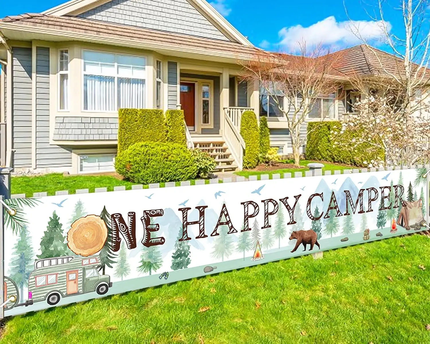 Camping 1st Birthday Decor One Happy Camper Yard Banner for Adventure One Mountain Forest National Park Party Camping Banner