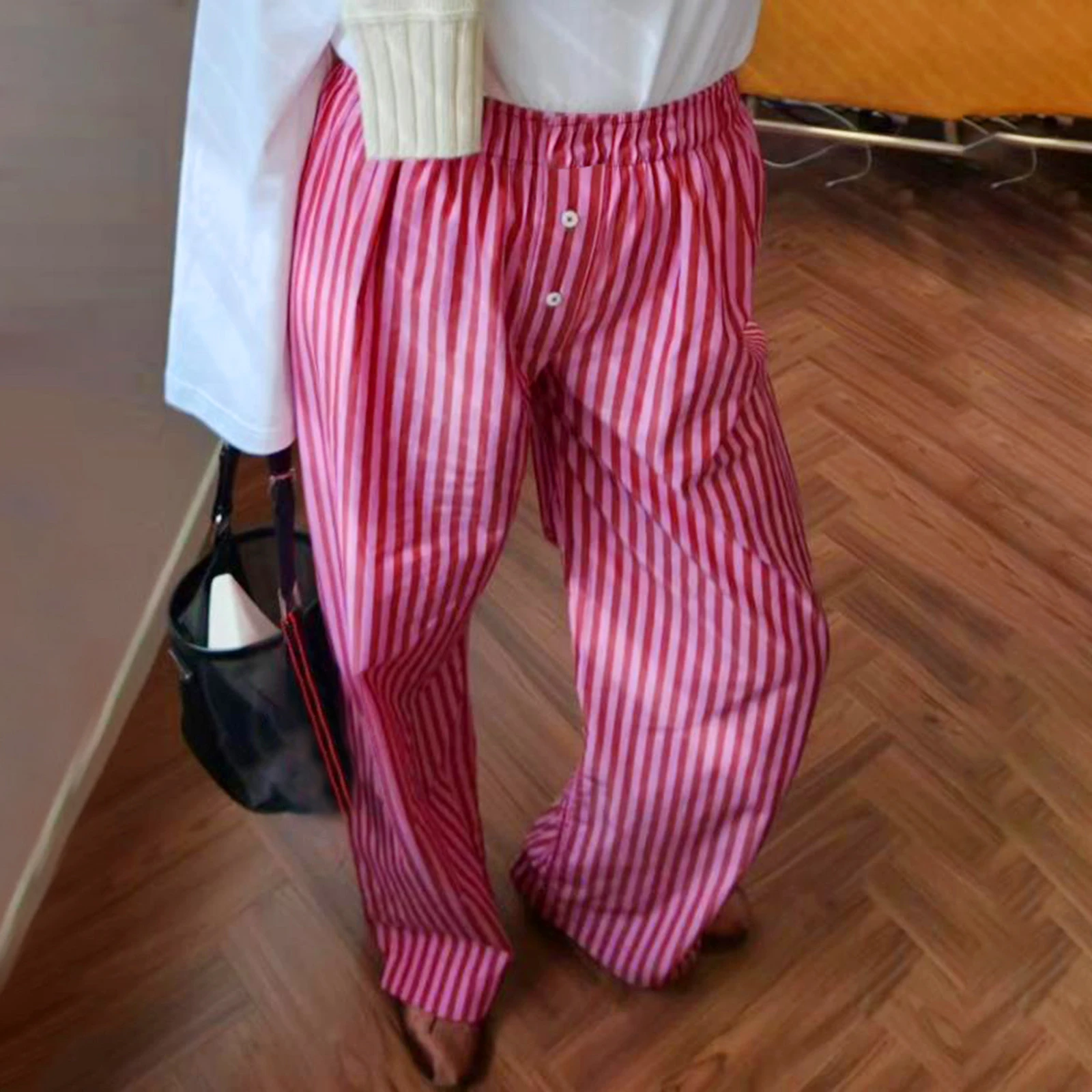 Women Y2k Oversize Pants Loose Wide Leg Casual Solid Color/Stripe Print Elastic Waist Trousers for Work Office Streetwear