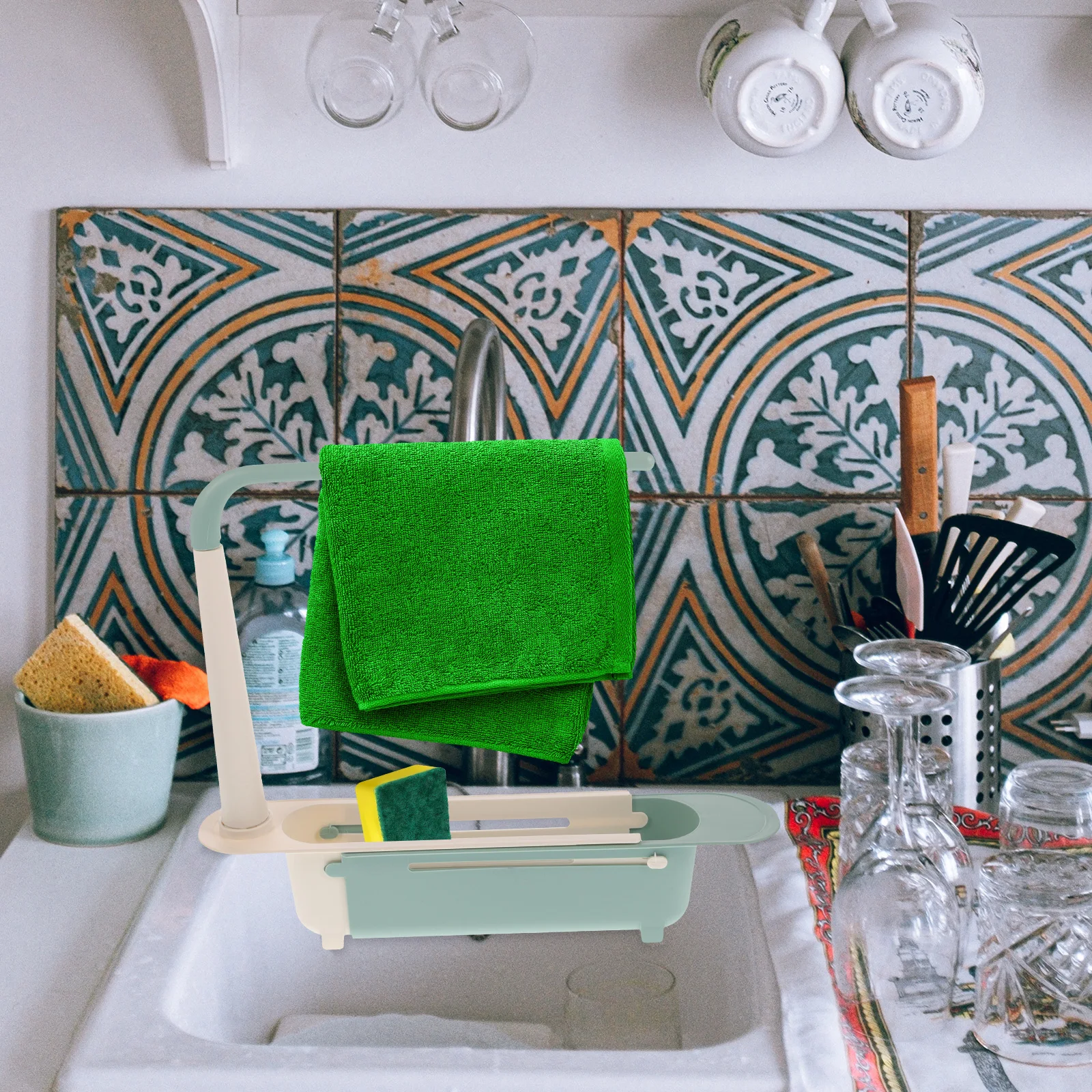 

1pc Adjustable Sink Storage Shelves Plastic Dishcloth Rack Towel Hanging Shelf No Drilling Easy Assembly Green For