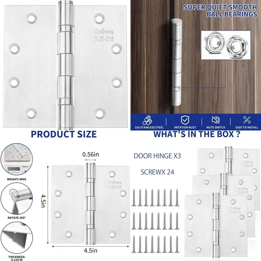 

Heavy Duty Marine-Grade Stainless Steel Door Hinges, 4.5x4.5 Inch, Ball Bearing, Rust Proof, Pack of 3, Suitable for Exterior Us