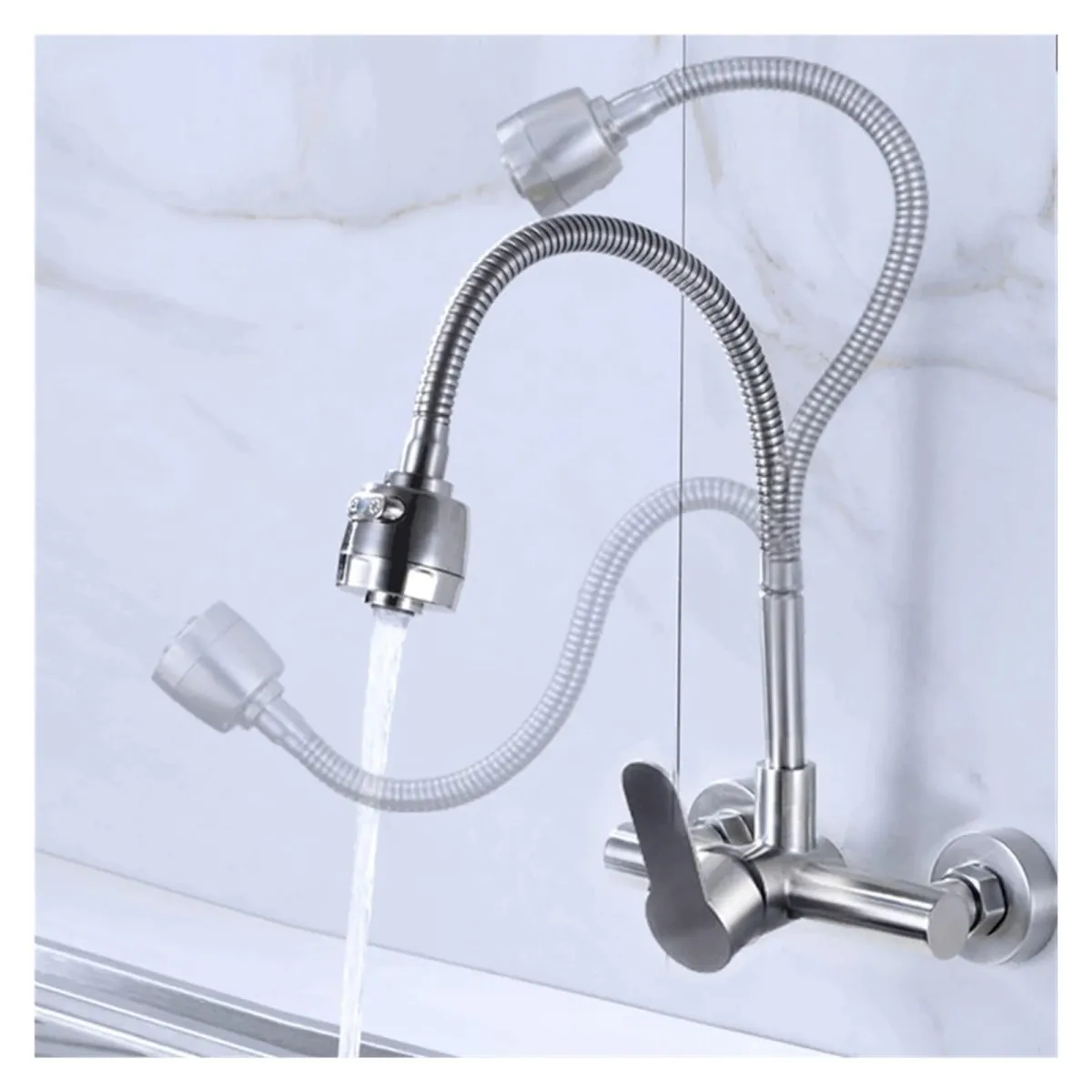 صنبور مطبخ مثبت على الحائط، مقبض واحد، صنبور حوض تجاري، هيكل من الفولاذ المقاوم للصدأ، تشطيب من النيكل المصقول