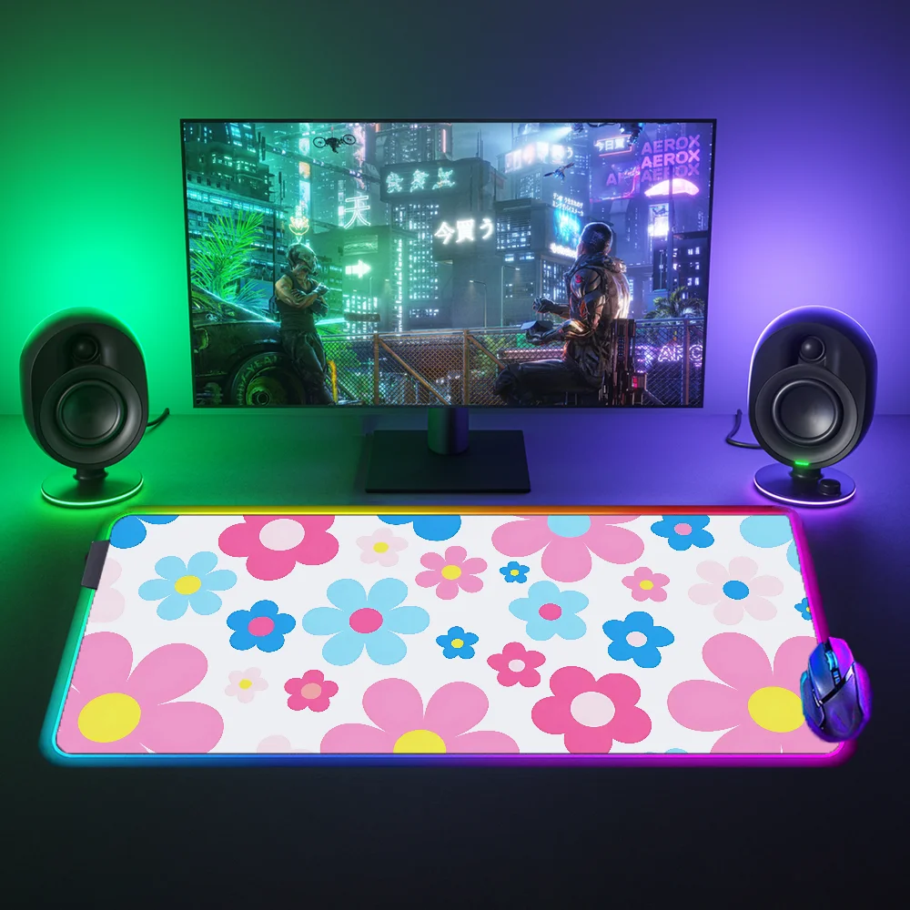 

LED Backlit Mousepad Rgb Mouse Pad Pink Flowers Laptop Accessories Gaming Mouse Mat Mause Pad Gamer Mats Pc Pads Carpet
