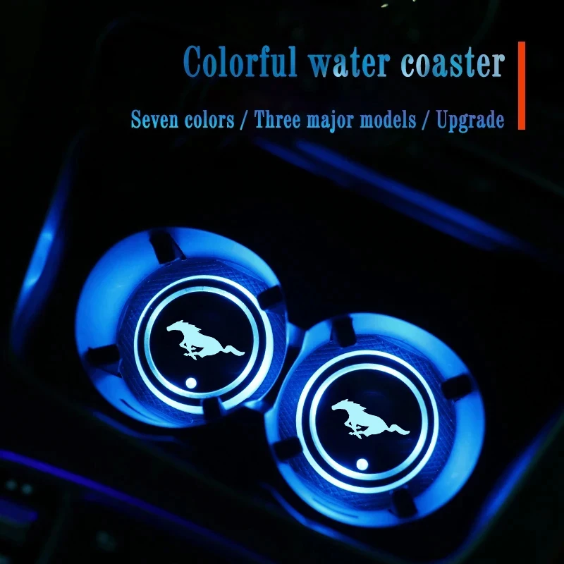 Car LED Coaster 7 Color Luminous RGB Light Drink Cup Mat For Mustang GT 2005 2008 2009 2010 2014 2015 2016 2018 2019 2020 SHELBY