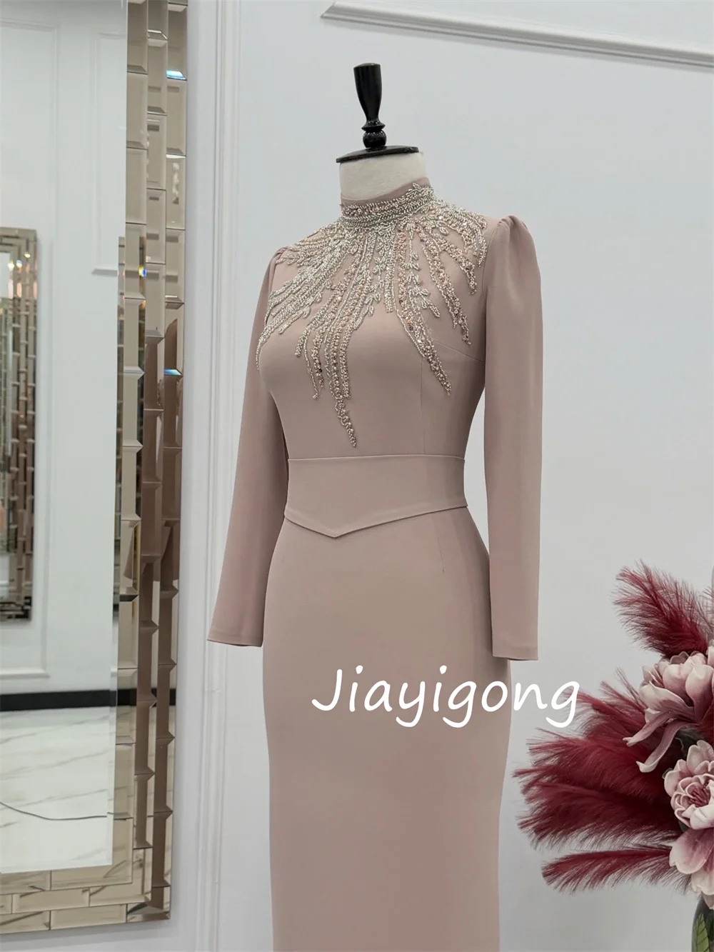 

Customized Simple Jersey Pleat Sequined Pattern Straight High Collar Long Bespoke Occasion Homecoming Dresses