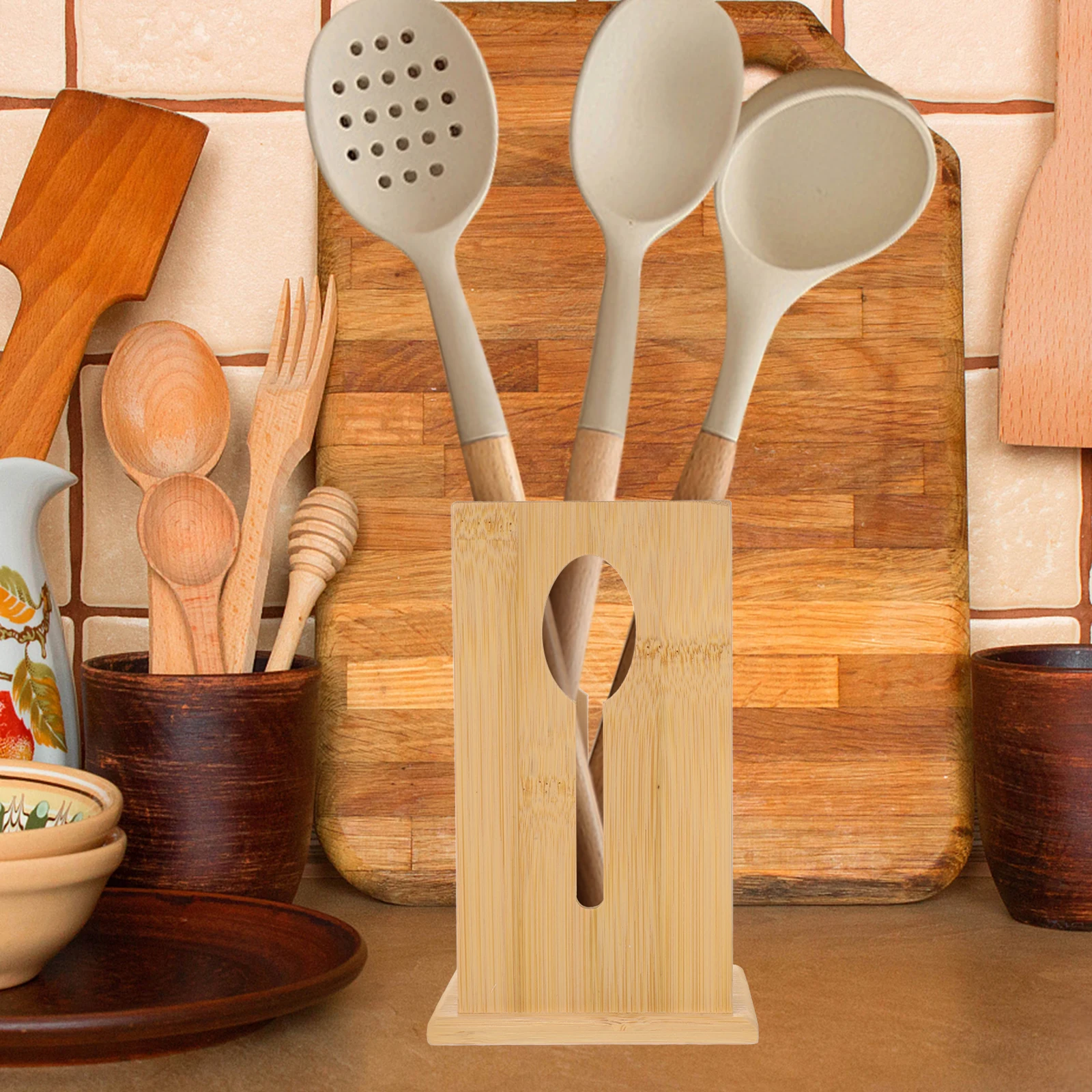 

Bamboo Cutlery Holder Organizer For Kitchen Counter Sturdy Utensil Storage Container Spoon Fork Holder Space-Saving Chopsticks