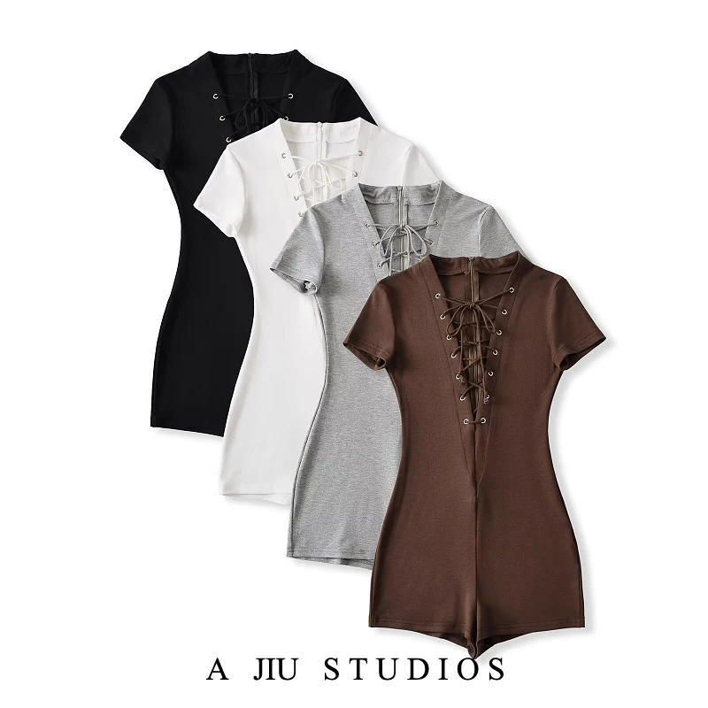 

American Sle Sexy Girl Tie V-ne Knitted High-waist Slim-fit Pants or Jumpsuit for Women Bla Spring Faion