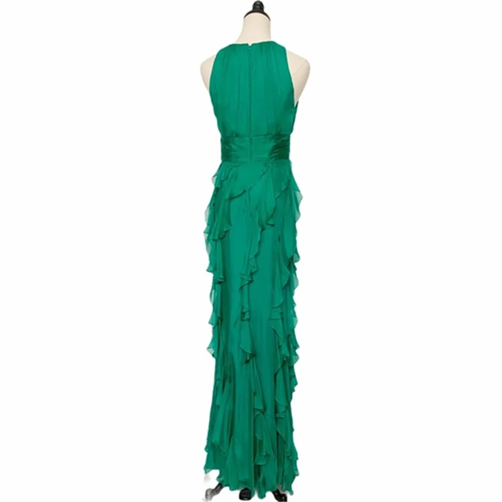 Bella Green Chiffon Prom Dresses O-Neck Edge Curl Mermaid Wedding Dress Customized Sleeveless Floor-Length Vestidos De Fiesta