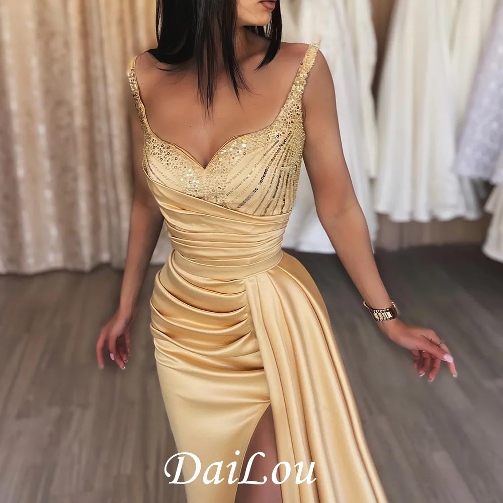 Dailou Champagne Kralen Avondjurk Sweetheart Spaghetti Strap Pleats Prom Dresses Side Split Celebrity Partij Jassen