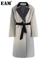 [EAM] Gray Gradual Color Big Size Elegant Woolen Coat New Lapel Long Sleeve Women Jacket Fashion Tide Autumn Winter 2024 CPG2316