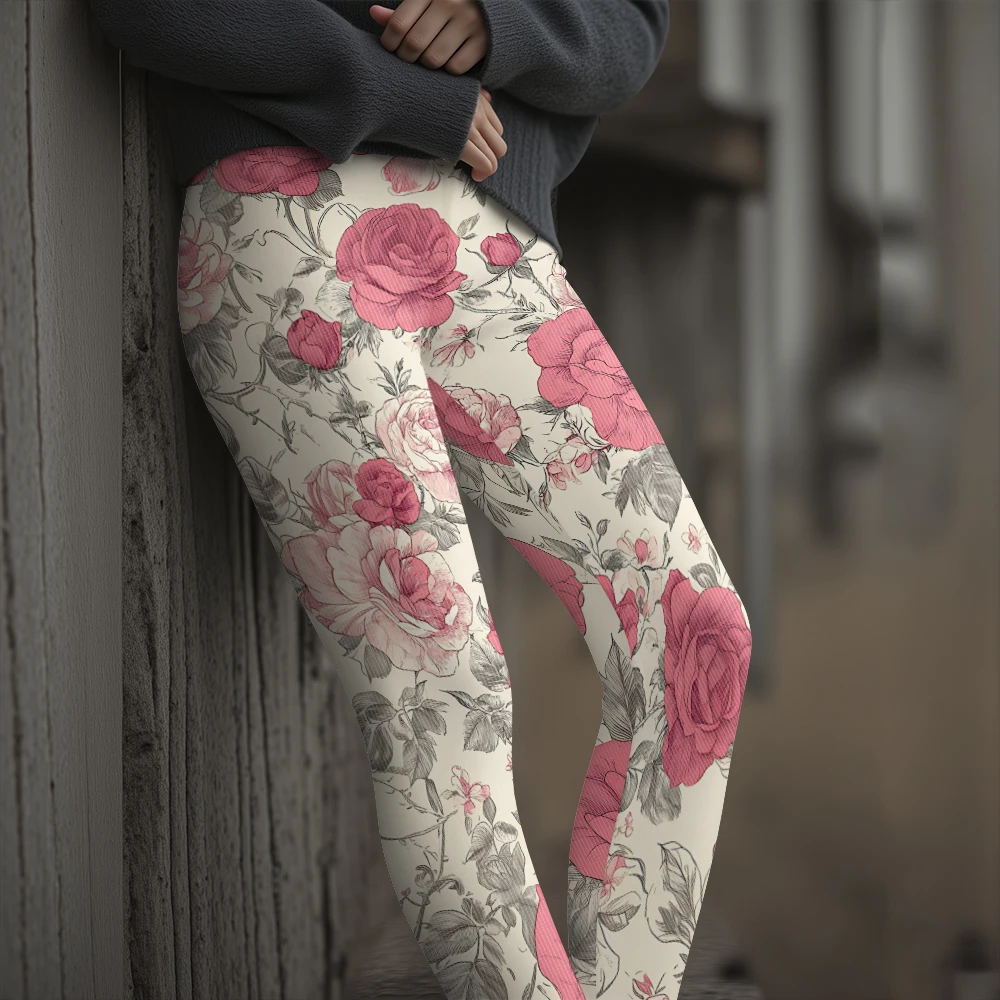 المرأة الحلو الجمالية روز طباعة طماق 8-Wale نحى الشتاء الجوارب الأزهار نمط بناطيل تدفئة المؤنث الخريف الشتاء نظرة #3