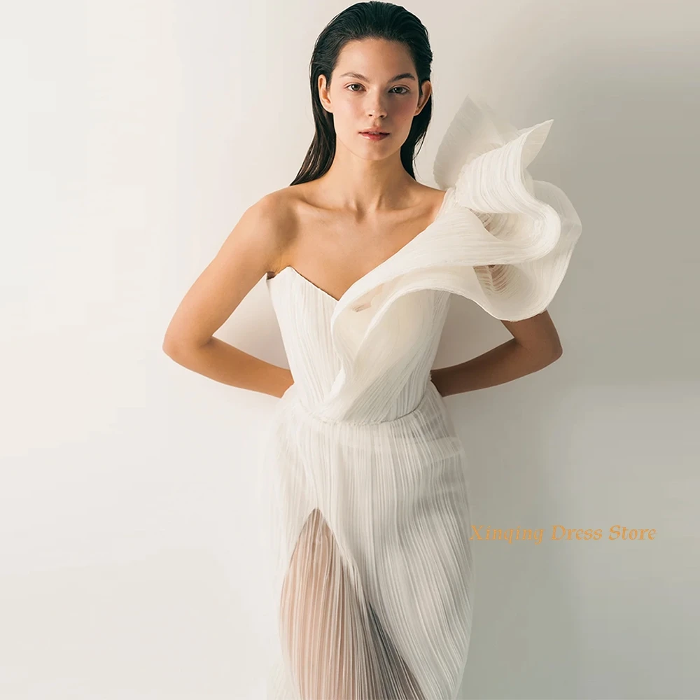 Bohemian High Split Wedding Dress Simple One Shoulder Sleeveless Customized Evening Dresses Sweep Train Special Occasion Gowns