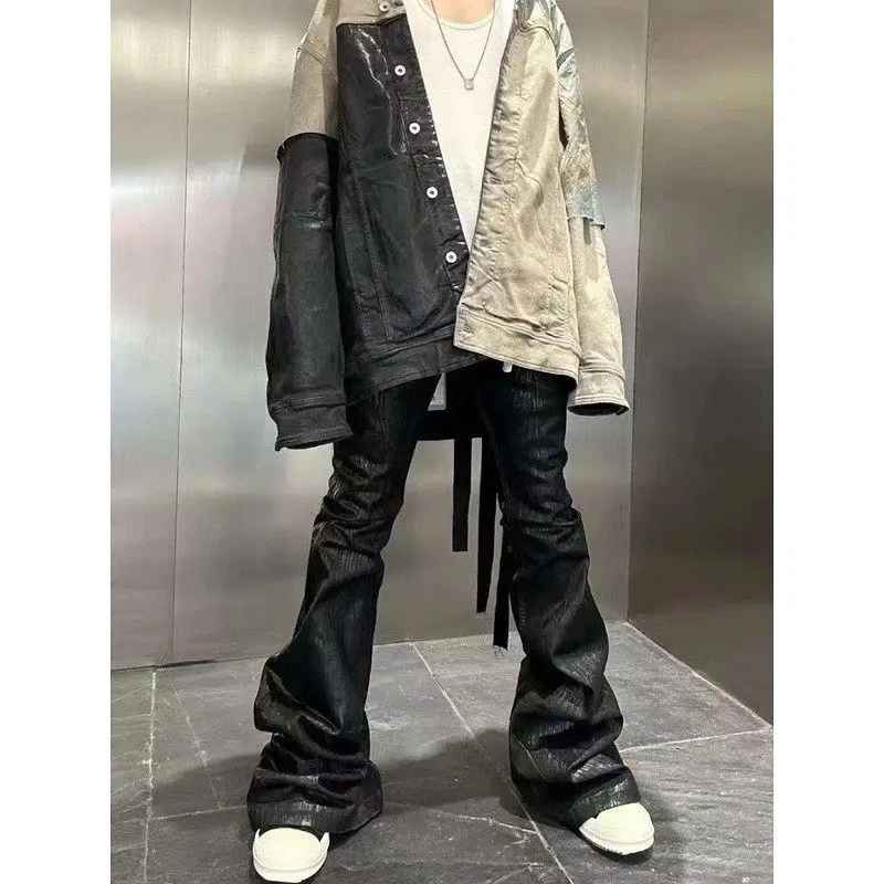 

Pure Bla High Elastic Wide Leg Men's Jeans 2025 k Sle Bru Wax Coated Street Faion Straight Cut Trousers