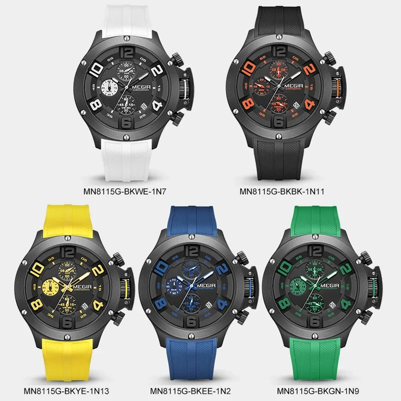 MEGIR 2025 Fashion Men's Silicone Strap Watch Luxury Calendar Chronograph Quartz Wristwatches Military Sport Luminous Clock Male