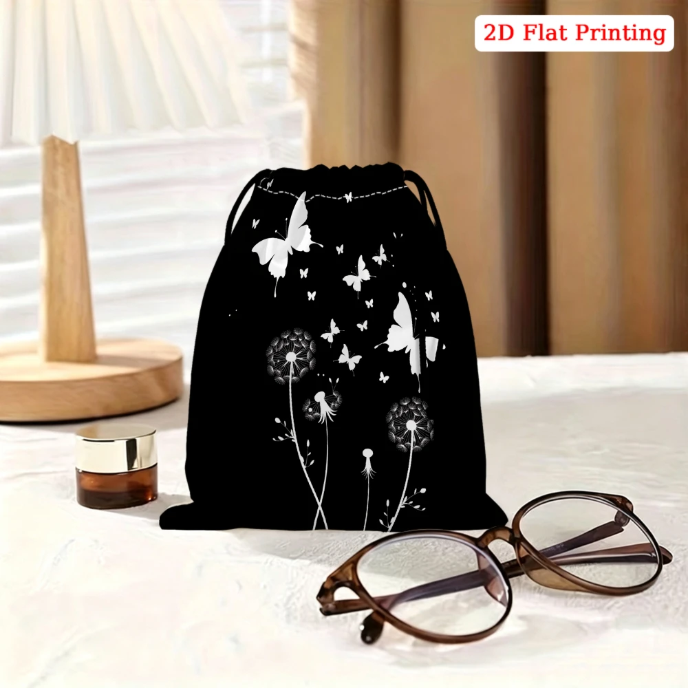1pc Fashion Drawstring Bag Black Butterfly Dandelion 2d Flat Printing Storage Small Pouch For Glasses Jewelry Cosmetics Travel P