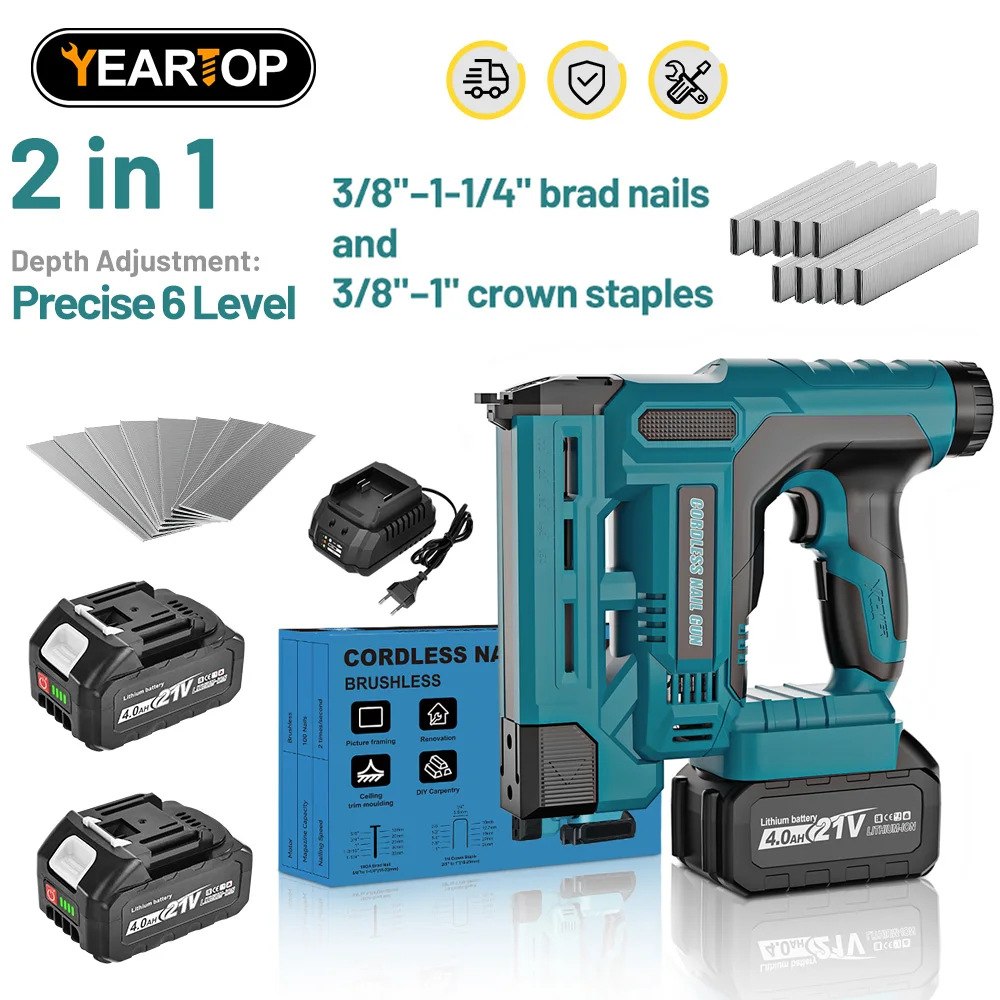 YEARTOP Pistola Clavadora Eléctrica Inalámbrica de 6 Velocidades con Ajuste de Profundidad F10~32 K10~K25, Herramienta para Trabajar la Madera, Compatible con Batería Makita de 18V