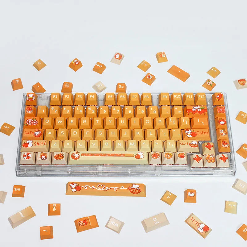 Orange Bear Cute Personalized 132 Keycaps Set PBT Heat Sublimation Cherry Key Caps for Mechanical Keyboard 61/87/96/98/104/108