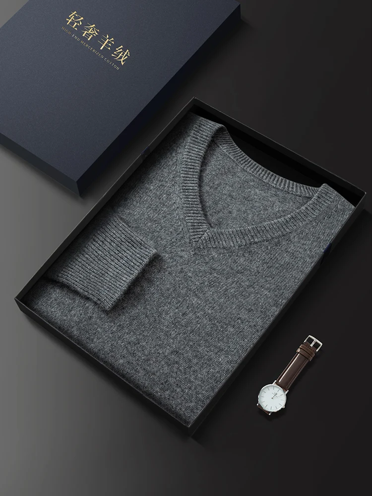 Men Pullover Sweater 100% Cashmere Sweater Basic Autumn Winter Warm Thick Knit V-Neck Clothes Casual Loose High-end Business Top