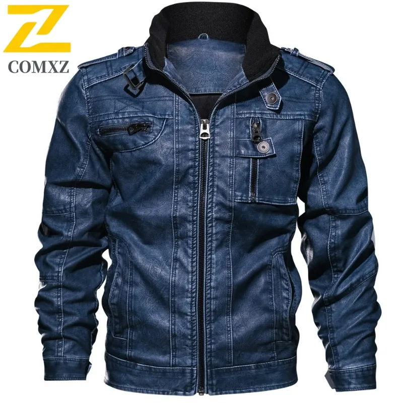 COMXZ Mens PU Leather Jacket New Trendy Stand Collar Travel Thickened Leather Coats Casual Plus Size Windproof Winter Coat​