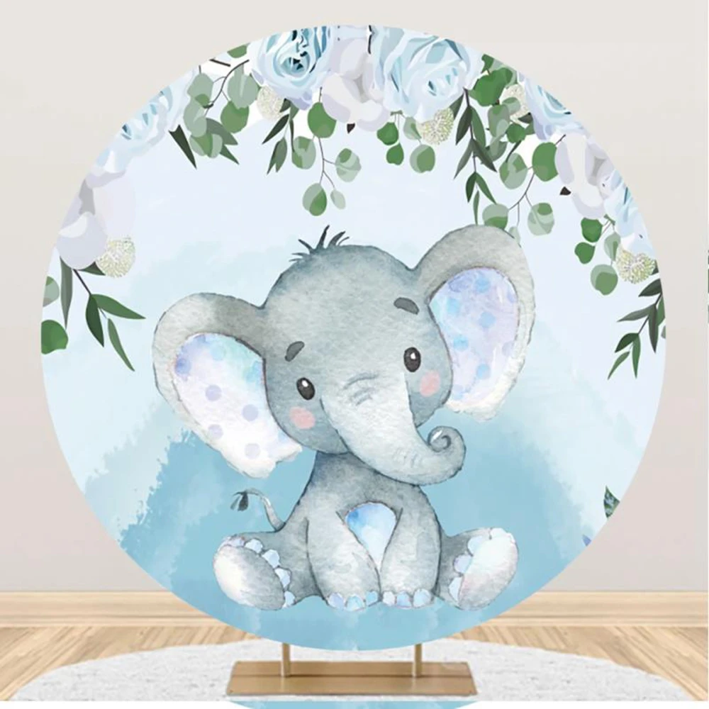 Elephant Baby Shower Round Backdrop Cover Boys Girls 1st Birthday Party Kids Portrait Circle Background for Photography Props