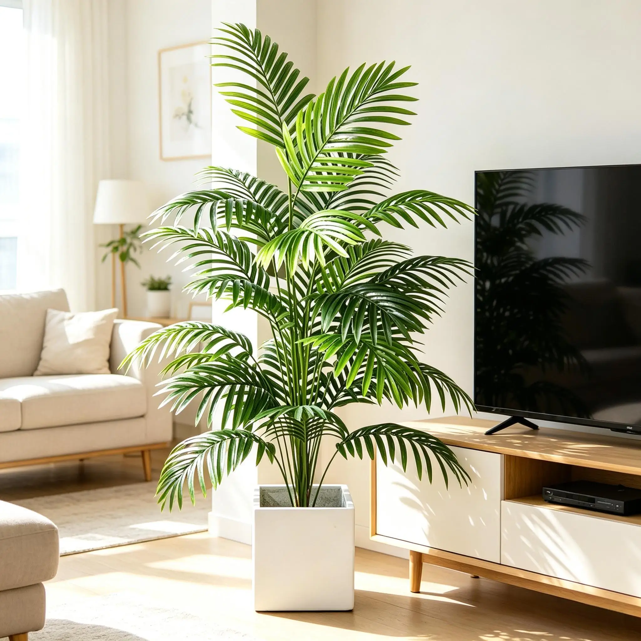 Palmera Areca Artificial de Plástico en Maceta, Planta Verde Artificial Bonsái para Decoración de Interiores, Exteriores, Hogar, Jardín, Oficina, Fiestas