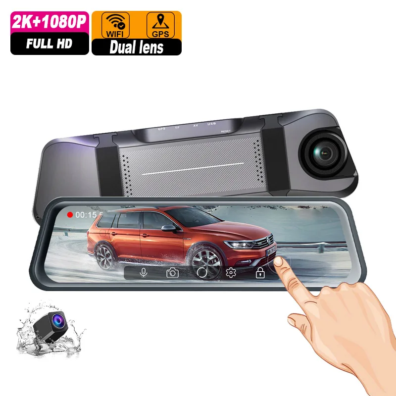 

10 inch touch screen rearview car dvr mirror camera full hd 2k dashcam dual lens with WiFi gps front and rear mirror 2k dash cam