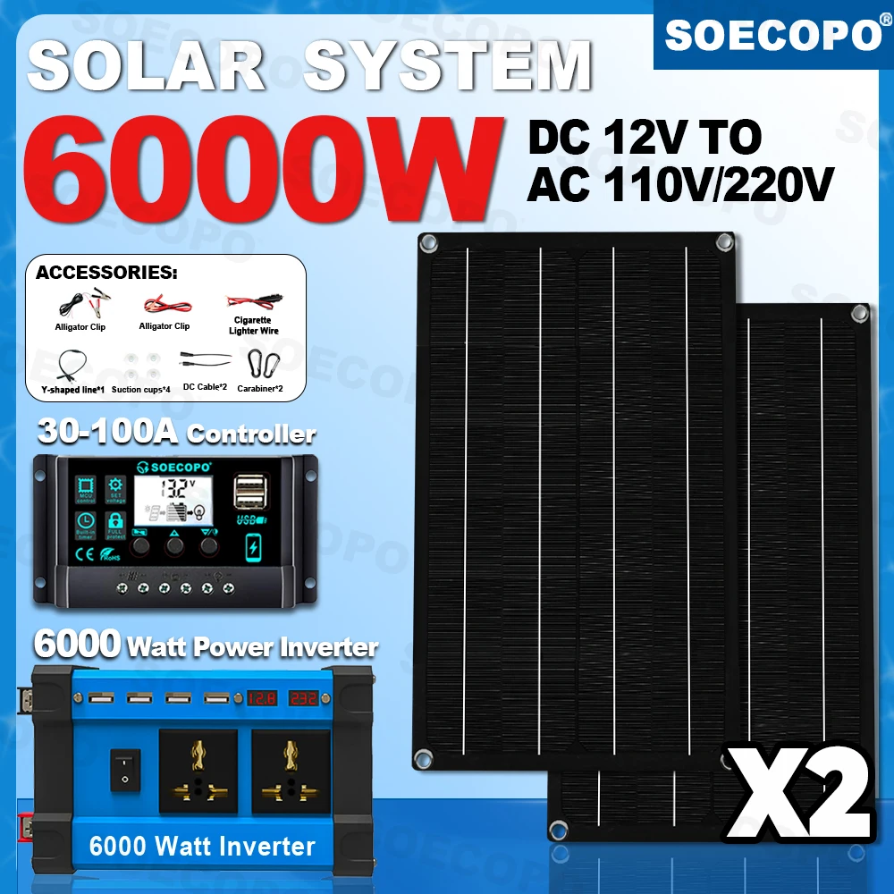 SOECOPO 6000W Complete Home Camping Solar System Kit: 2×600W Portable Panels, Inverter (4 USB + 2 Sockets), 100A Controller