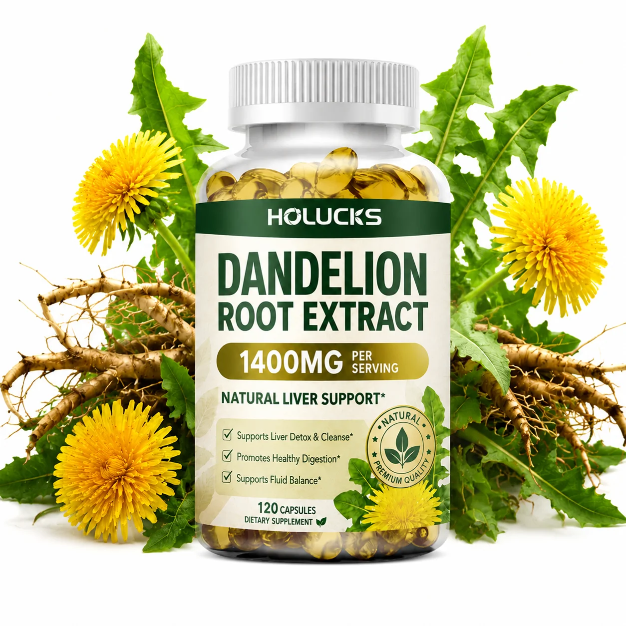 Natural Dandelion Root Extract 1400mg Capsules, Support Liver Detox Cleanse, Aid Digestive, Fluid Balance & Light Daily Vitality