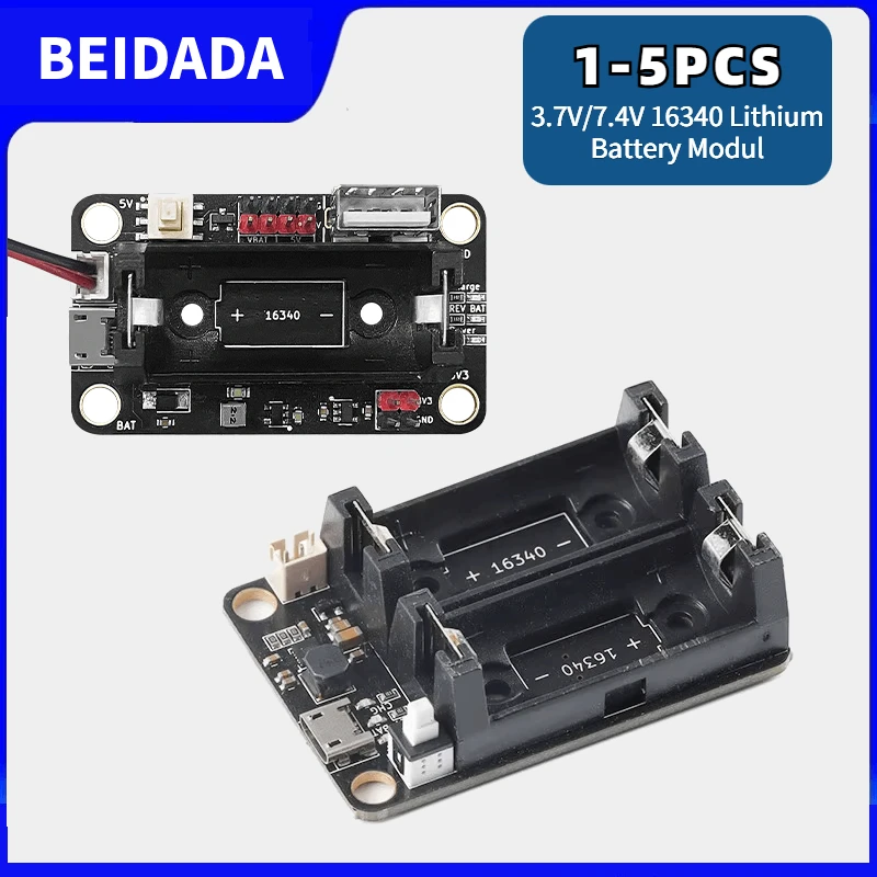 1-5PCS 16340 Micro USB Power Bank Battery Charger Module Dual Output 3.3V 5V 7.4V Rechargeable Battery Holder Lithium Battery