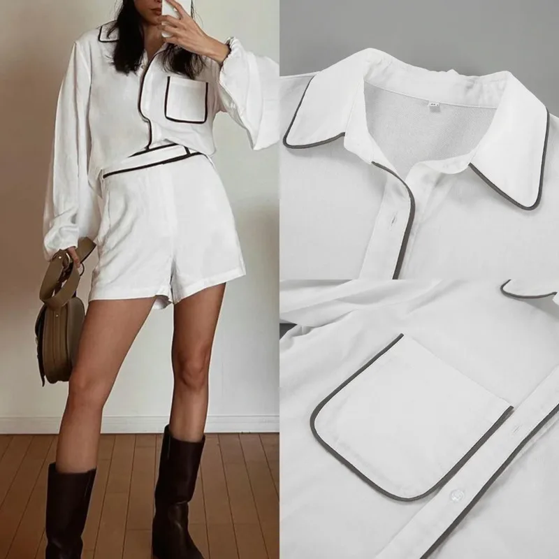 

Women Cotton Linen Two-piece Set Summer Single Breasted Shirt Black White Contrast Color Shirt Shorts Set Fashion Casual Outfit