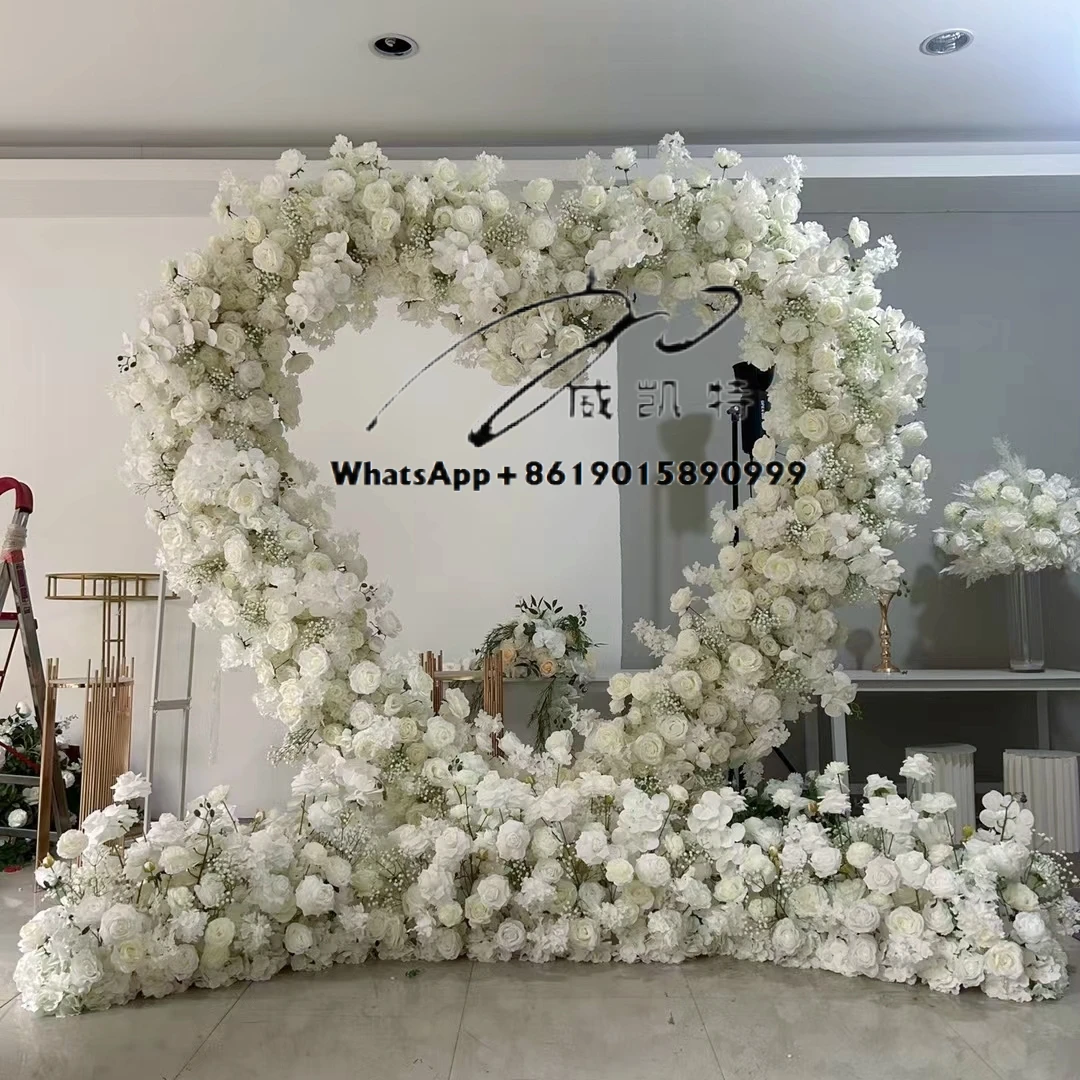 Wedding Backdrop Stage Valentine Decorations Marriage Proposal Red Roses Artificial White Flowers Heart Arch with Flowers