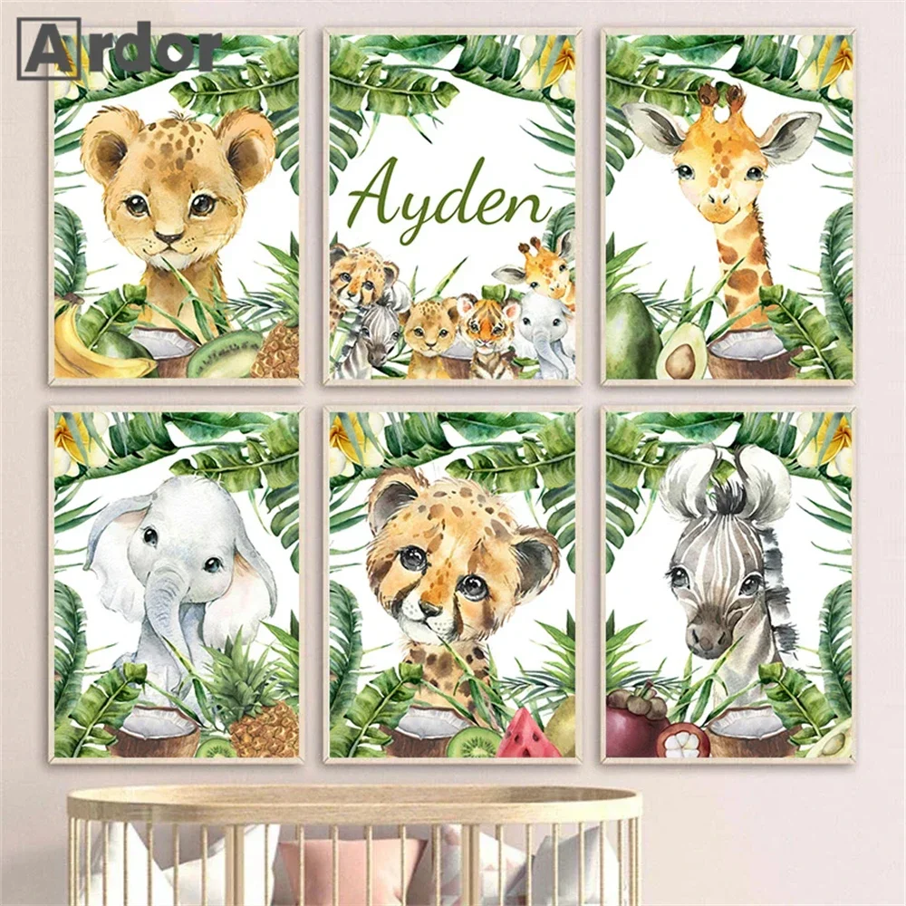 

Jungle Animals Tropical Fruits Leaves Poster Custom Name Canvas Painting Nursery Wall Art Print Pictures Baby Kids Room Decor