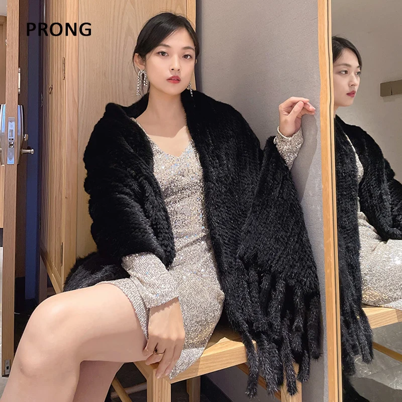 Long Style Women Knitted Real Mink Fur Scarf Fringe Natural Mink Fur Shawls Ladies Winter Warm Genuine Mink Fur Pashmina Scarves