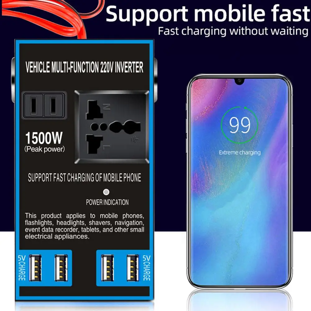 1500 واط عاكس الطاقة تيار مستمر 12 فولت 24 فولت إلى التيار المتناوب 110 فولت 220 فولت محول السيارة مع 4 USB شحن سريع ولاعة السيجار المقبس للمنزل السيارة